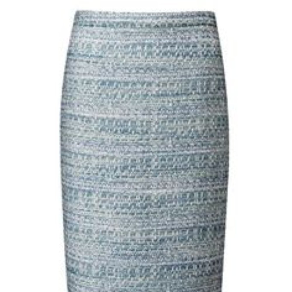 Pure Collection, Pale Blue, Green, Ivory & Silver Boucle Pencil Skirt, Size 12